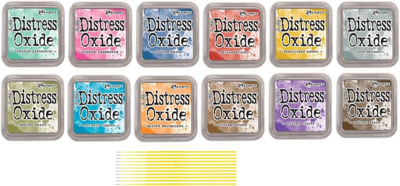 Ranger Distress Oxide Bundles - Includes 12 Distress Oxide Colors with PTP Flash Deals Detail Sticks (Set 4-12 Ink Pads)