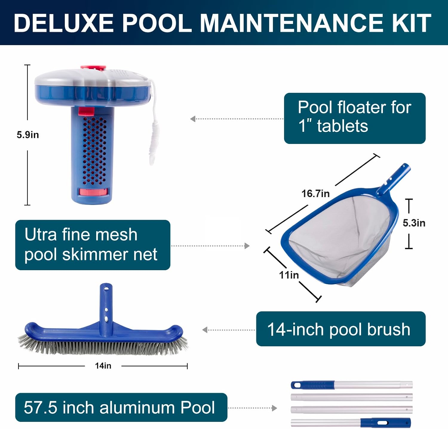 POOLAZA Pool Cleaning Kit Above Ground & Inground Pools, Include Sturdy Pool Brush Head, Ultra Fine Mesh Pool Skimmer Net, 57.5” Thickened Aluminum Pool Pole & Durable Pool Floater