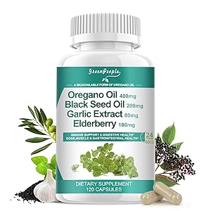 Organic Oregano Oil Capsules  11-in-1 Blend with Black Seed Oil, Elderberry, Garlic, Olive Leaf Magnesium & Black Pepper for Absorption  Immune, Respiratory & Digestive  Vegan, Non-GMO, 120 Ct