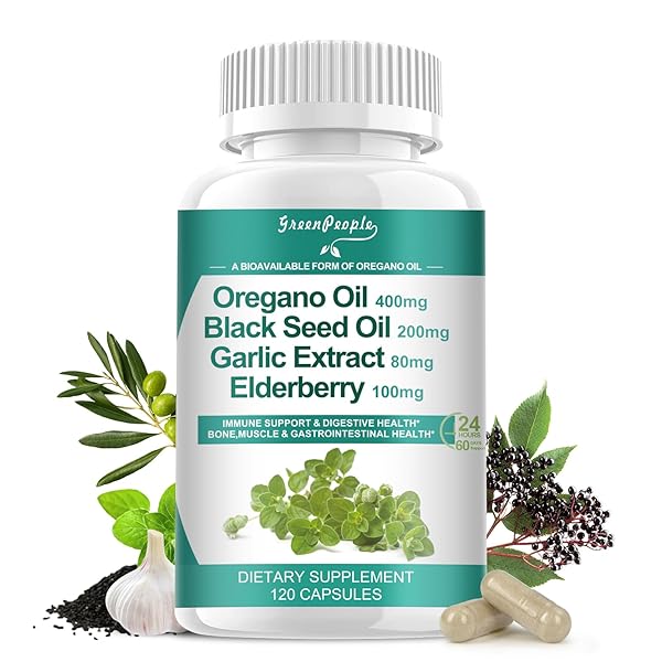 Organic Oregano Oil Capsules  11-in-1 Blend with Black Seed Oil, Elderberry, Garlic, Olive Leaf Magnesium & Black Pepper for Absorption  Immune, Respiratory & Digestive  Vegan, Non-GMO, 120 Ct