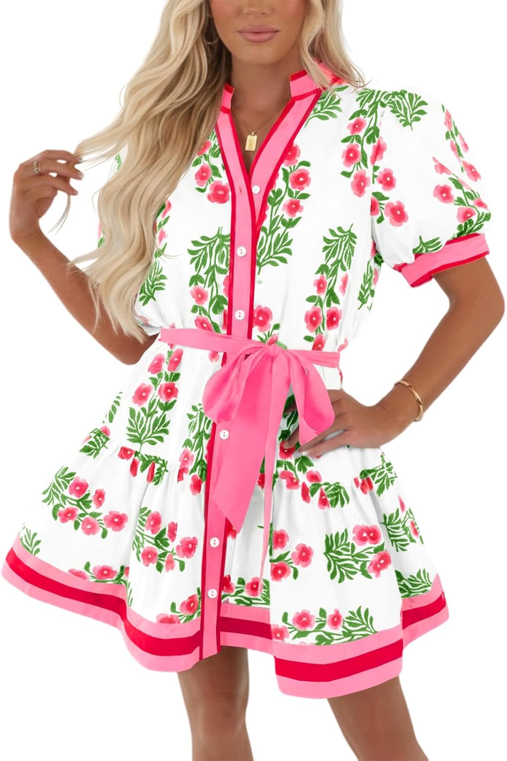 Wenrine Womens Summer Floral Mini Dress Puff Short Sleeve V Neck Button Down Casual Loose Boho Beach Dresses with Belt
