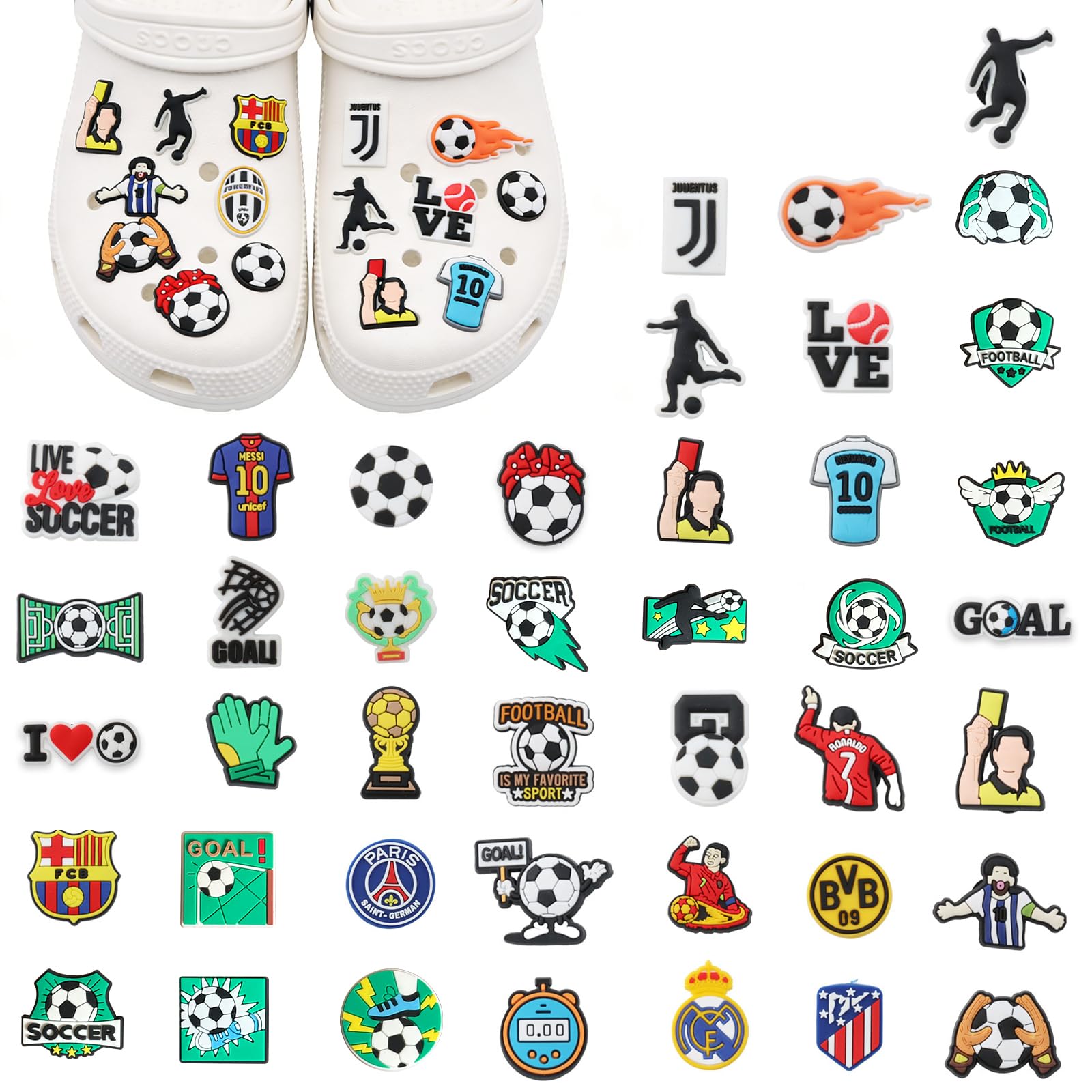 Juego de 42 colgantes para zuecos con tema de fútbol, estrella de fútbol de PVC desmontable, para Crocs, accesorios decorativos para zapatos, accesorios para niños, jóvenes, adultos, aficionados al