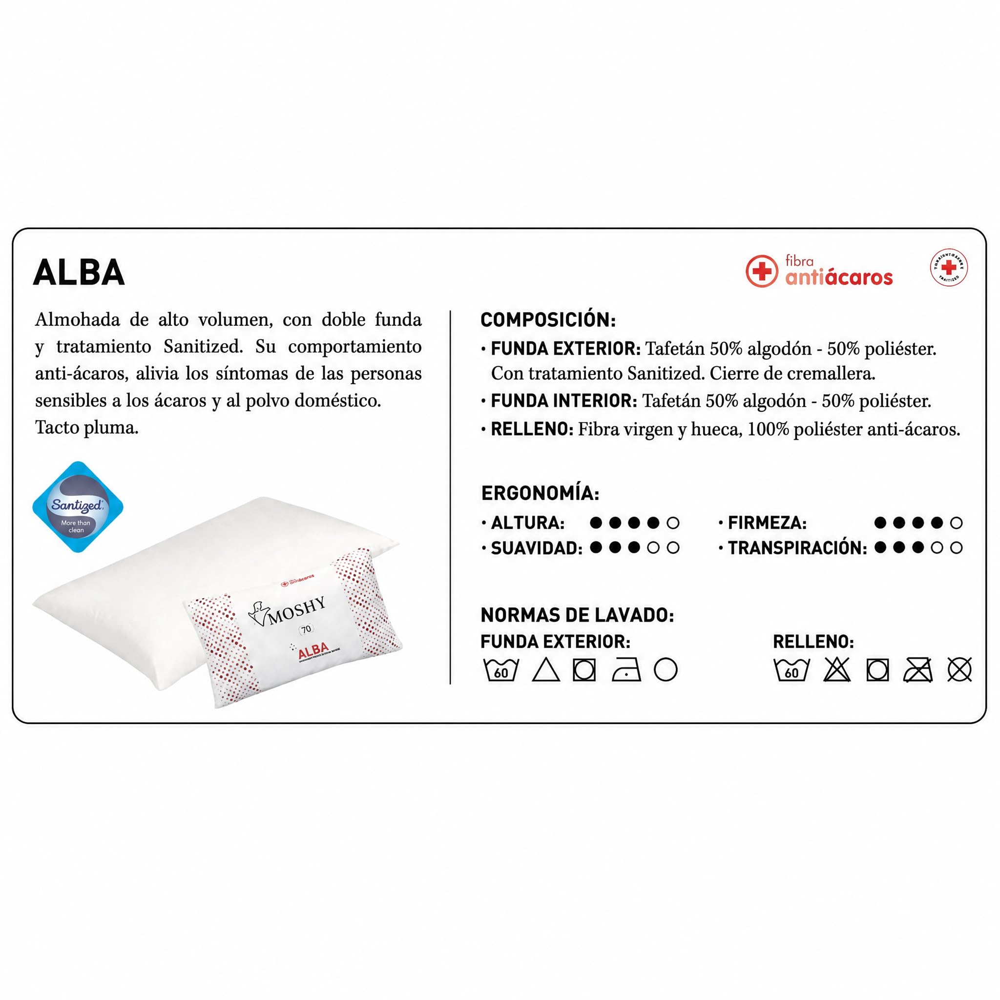 Moshy Almohada de Fibra Alba Antiácaros, Altura y Firmeza Alta, Doble Funda de Polialgodón con Tratamiento Sanitized (150 cm)