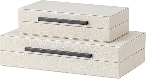 Miniatura 8 de Juego de 2 cajas de almacenamiento decorativas Shagreen beige con asas de metal negro, caja de joyería apilable grande y moderna con tapas