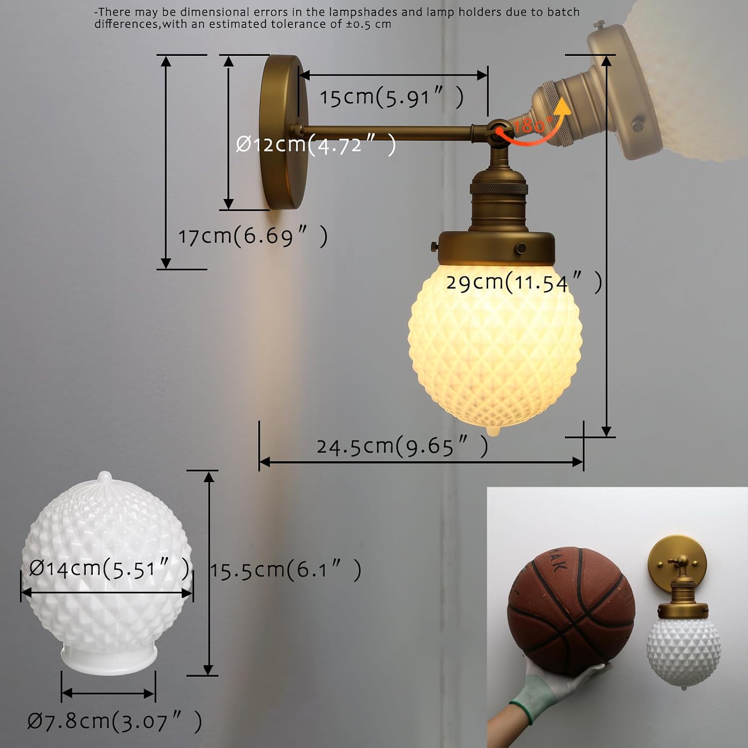 Pathson Vintage Milk White Wall Sconce, Globe Glass Bathroom Vanity Light Fixture with Brass Finish, Wall Lighting for Bedroom Living Room Hallway Home Decor