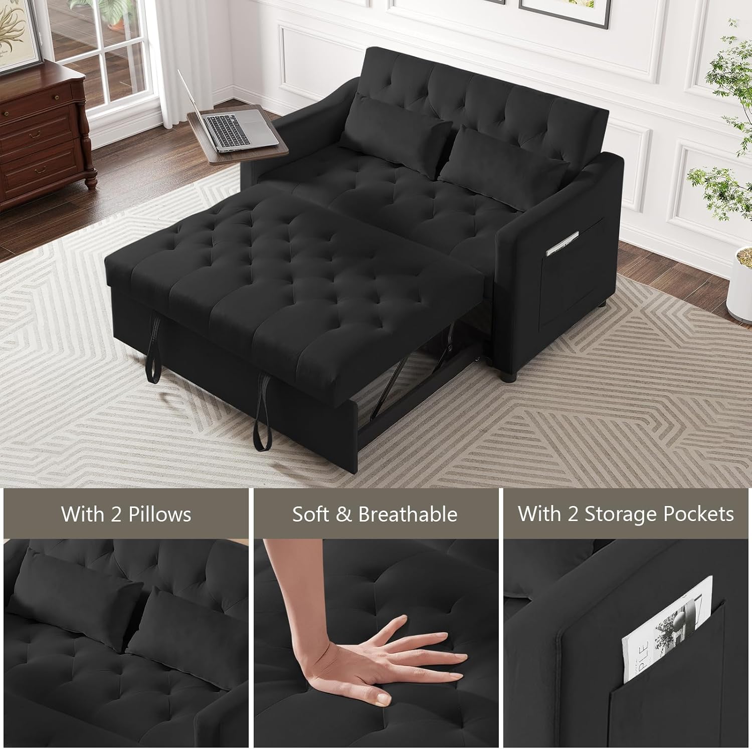 Yafylly 3-in-1 Convertible Loveseat Sleeper Sofa Bed - Adjustable Backrest (3 Positions) with 360° Swivel Side Table, Space Saving Pull Out Couch for Small Apartments & Guest Rooms, Black