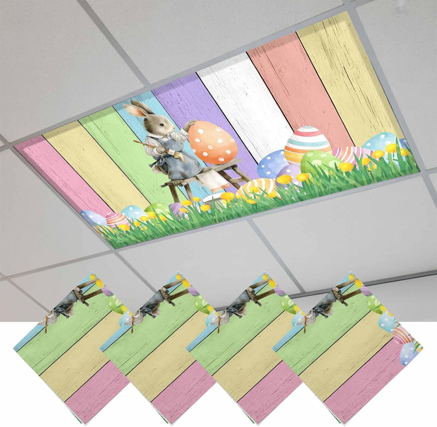 2x4 ft Fluorescent Light Cover for Ceiling Pastoral Easter Rabbit Egg Magnetic Light Filters, Spring Colorful Wood Plank Ceiling Lampshades for Home School Office 4Pcs