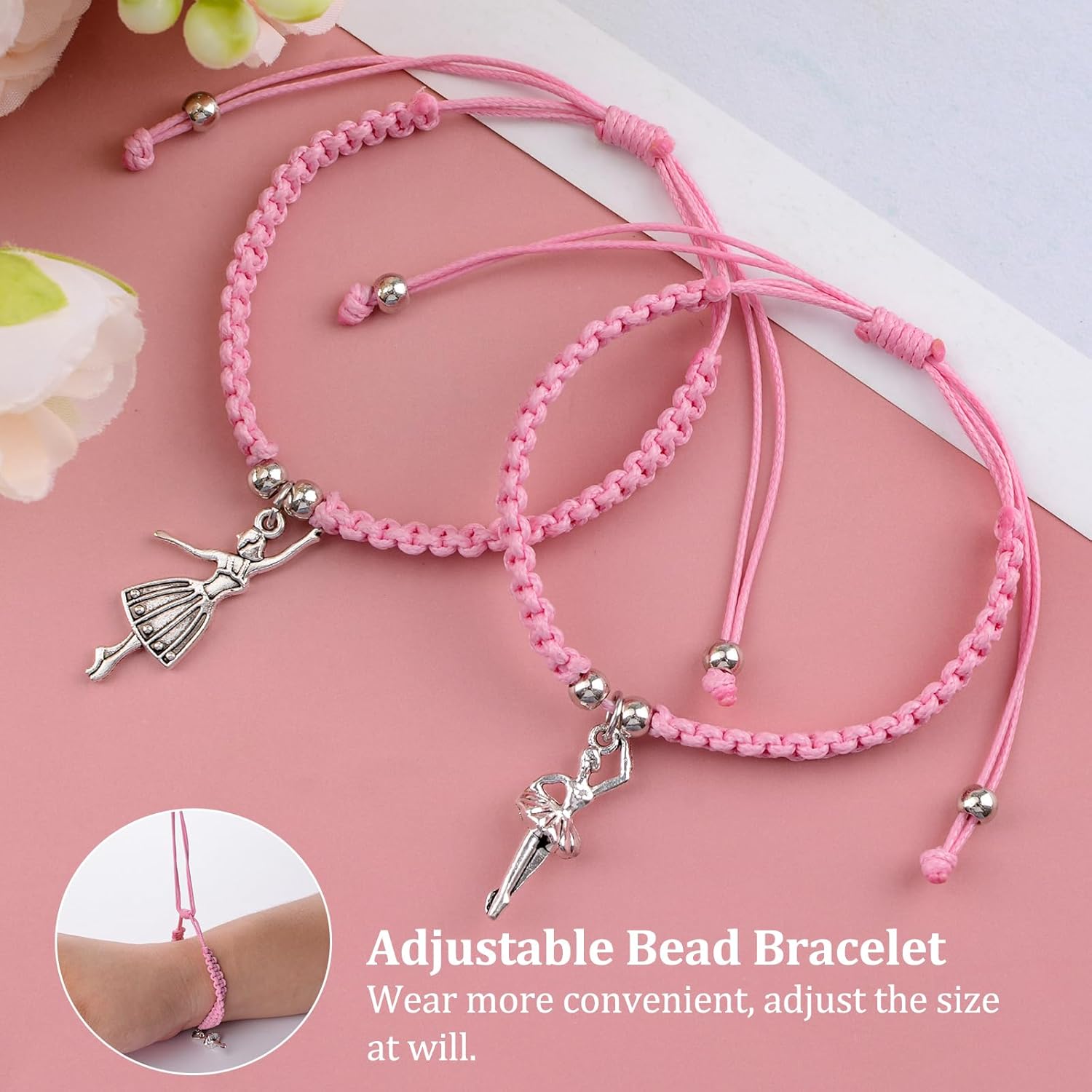 WANDIC 24 Pcs Dance Bracelet Present, Pink Ballerina Party Favors Dance Recital Adjustable Horse Rope Braided Bracelets for Wedding Bridal Shower Ballet Friends Mate for Women - Image 4