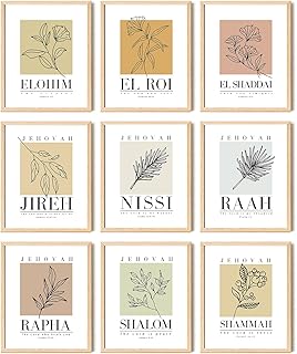 Aroutde 9Pcs Hebrew Names of God Poster Christian Canvas Wall Art Prints Jehovah Jireh Rapha Shalom Nissi Raah Shammah Elohim El Roi El Shaddai Wall Art Decor for Home Office (8x10 Unframed)