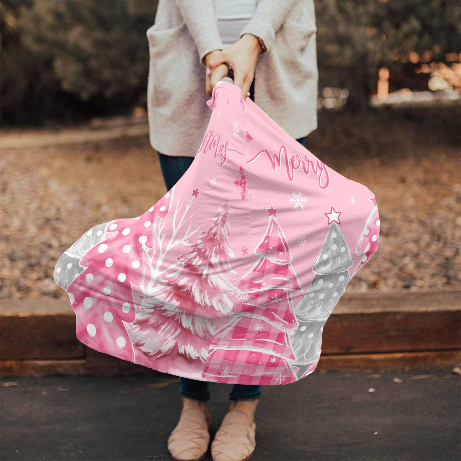 Nursing Cover for Breastfeeding Scarf, Merry Christmas Pink Xmas Tree Snowflake Baby Car Covers Super Soft Multi Use for Canopy Shopping Cart Cover Blanket Stroller Cover