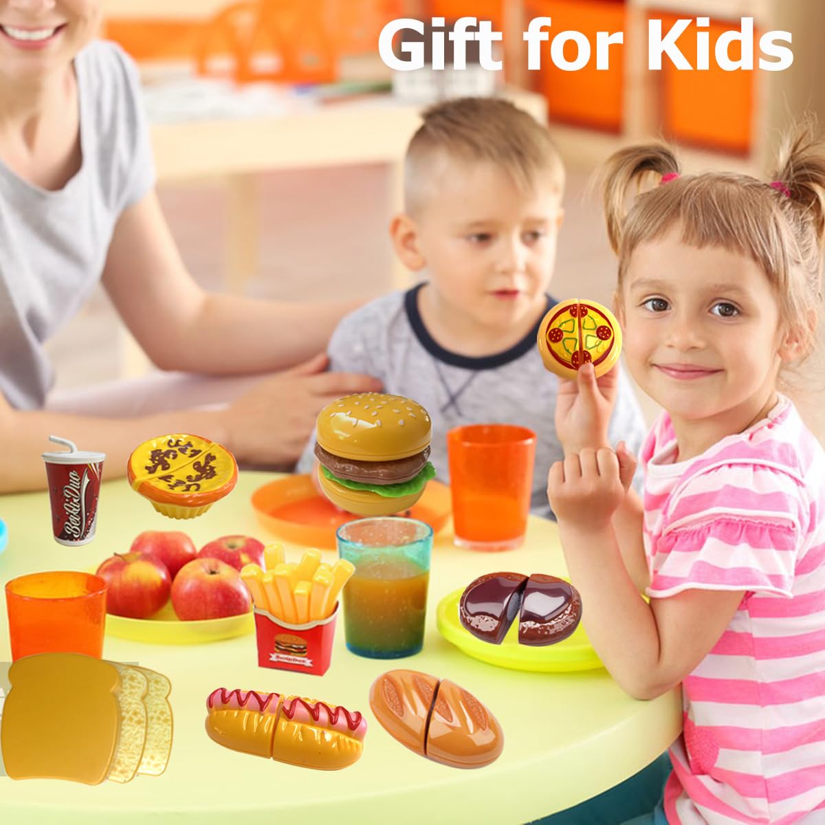 Masonbaby Set di cibo da gioco in legno per bambini, set da gioco per fast food, hamburger in legno, accessori da cucina per bambini con giocattolo per auto, giocattoli educativi regalo per
