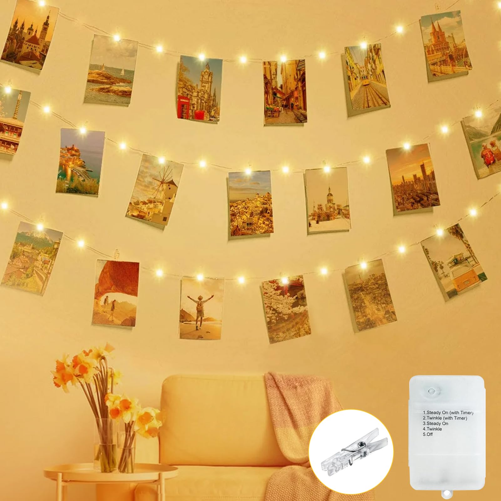 ZAIYW 50 LED Photo Clip String Lights, 5M Photo Peg Fairy Lights with Auto Timer 8 Modes, Battery Powered Fairy Lights Copper Wire with 30 Clips for Bedroom Birthday Wedding Party Christmas Decor