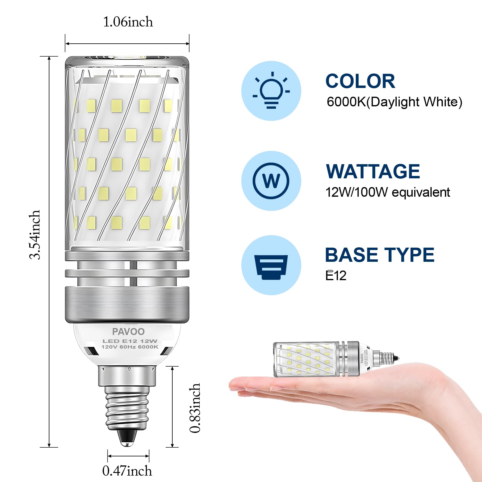 E12 Bombillas LED Bombillas de Candelabro de 12 W equivalente a 100 W, 1200 lm, luz blanca de 6000 K, bombillas de ventilador de techo, base de vela decorativa E12 bombillas LED no regulables,