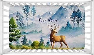 Bull Deer Snow Mountain Forest - Personalized Crib Fitted Sheets with Name for Baby - Customized Mattress Sheet for Standard Crib Size - Breathable Nursery Bedding Sheets for Girl & Boy