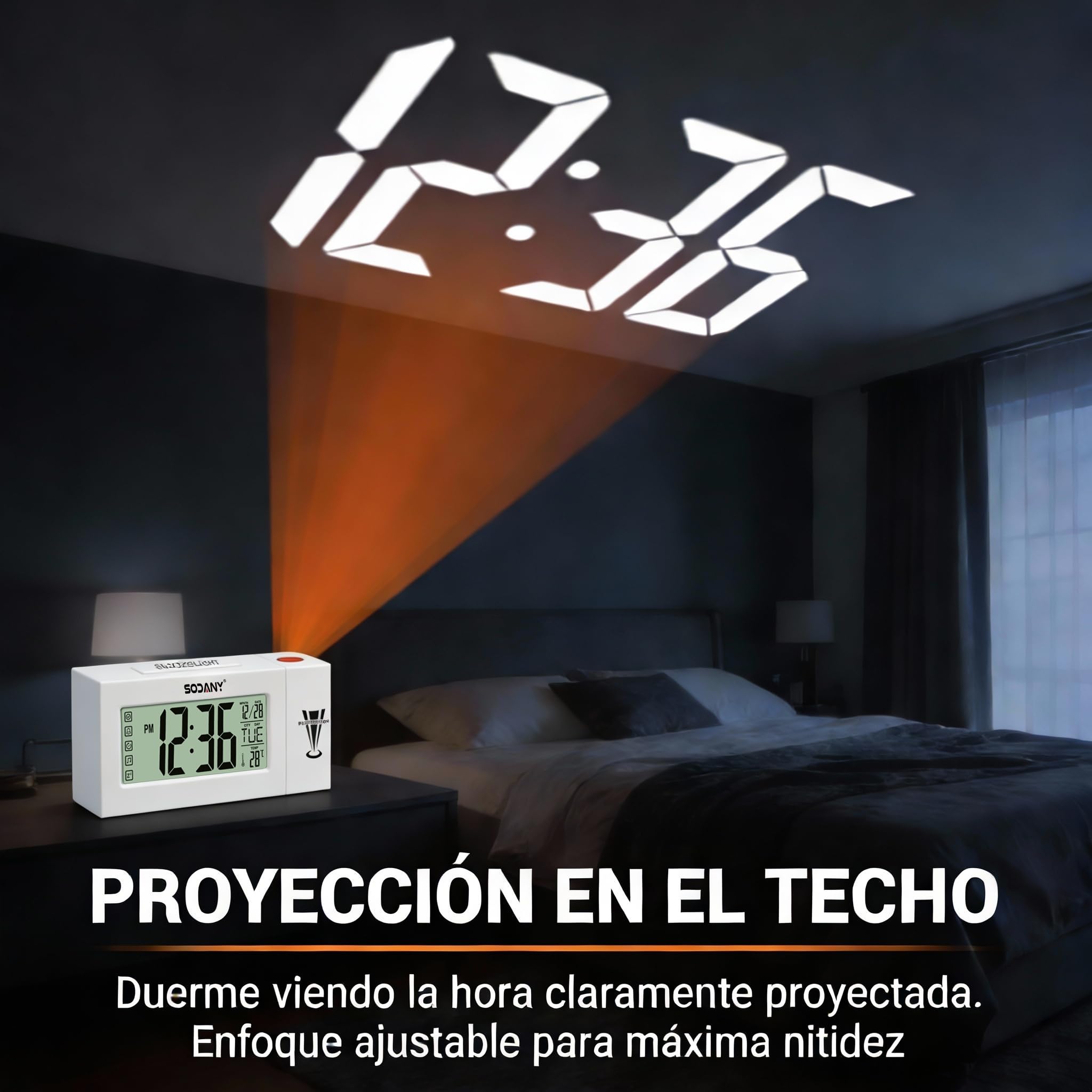 Despertador Proyector Techo Reloj Digital de Mesita Noche a Pilas con Pantalla LCD Grande, Luz de Fondo Activada por Tacto, Temperatura, Fecha y Alarma Snooze para Dormitorio Oficina (Blanco)