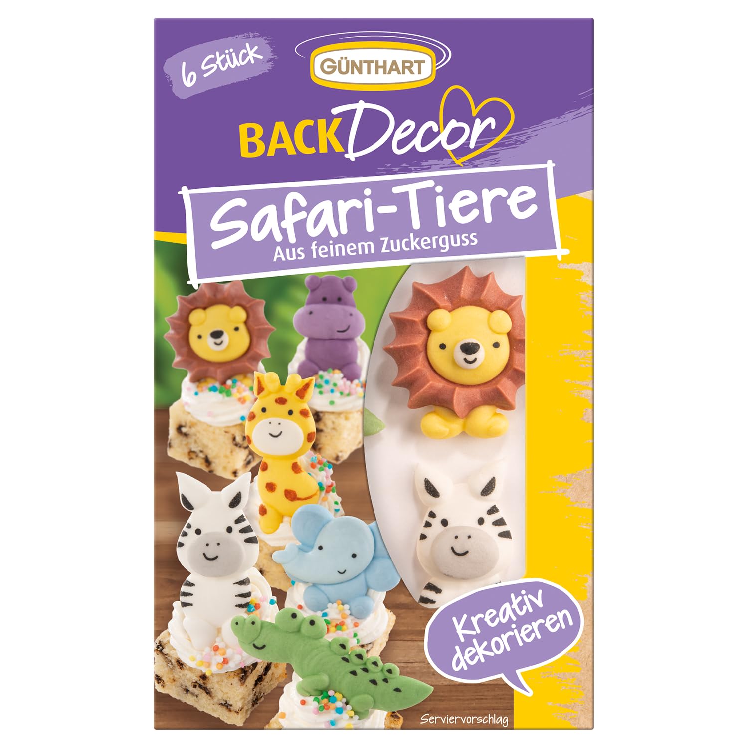 Günthart BackDecor 1 VKE 15 x 6 Stück essbare Safari Zuckerdekore Elefant, Löwe, Krokodil, Nilpferd, Giraffe und Zebra aus feinem Zuckerguss, 1er Set 90 Stück (270 gr)