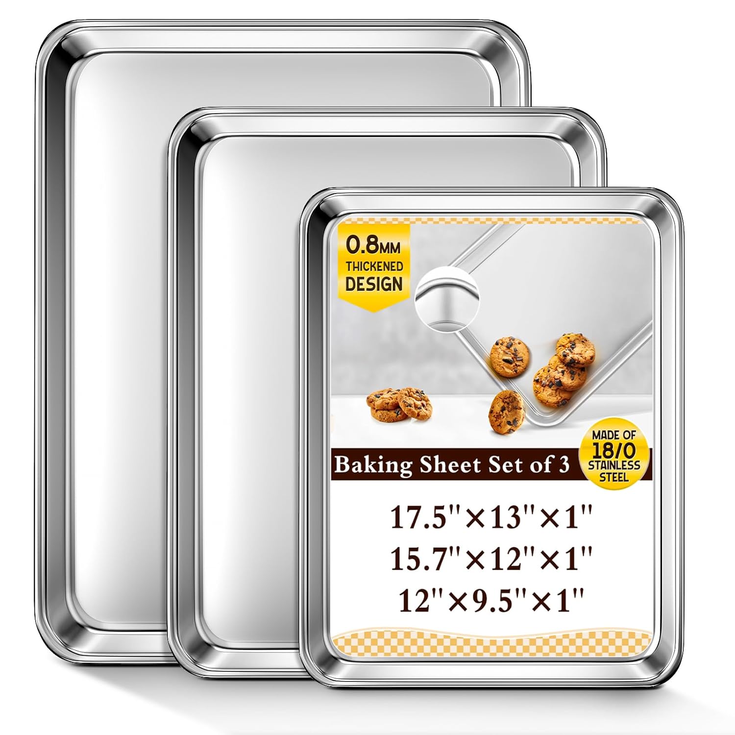 Baking Sheet Set of 3 Commercial Grade Stainless Steel Cookie Sheets for Baking 12 16 17 5 Inch