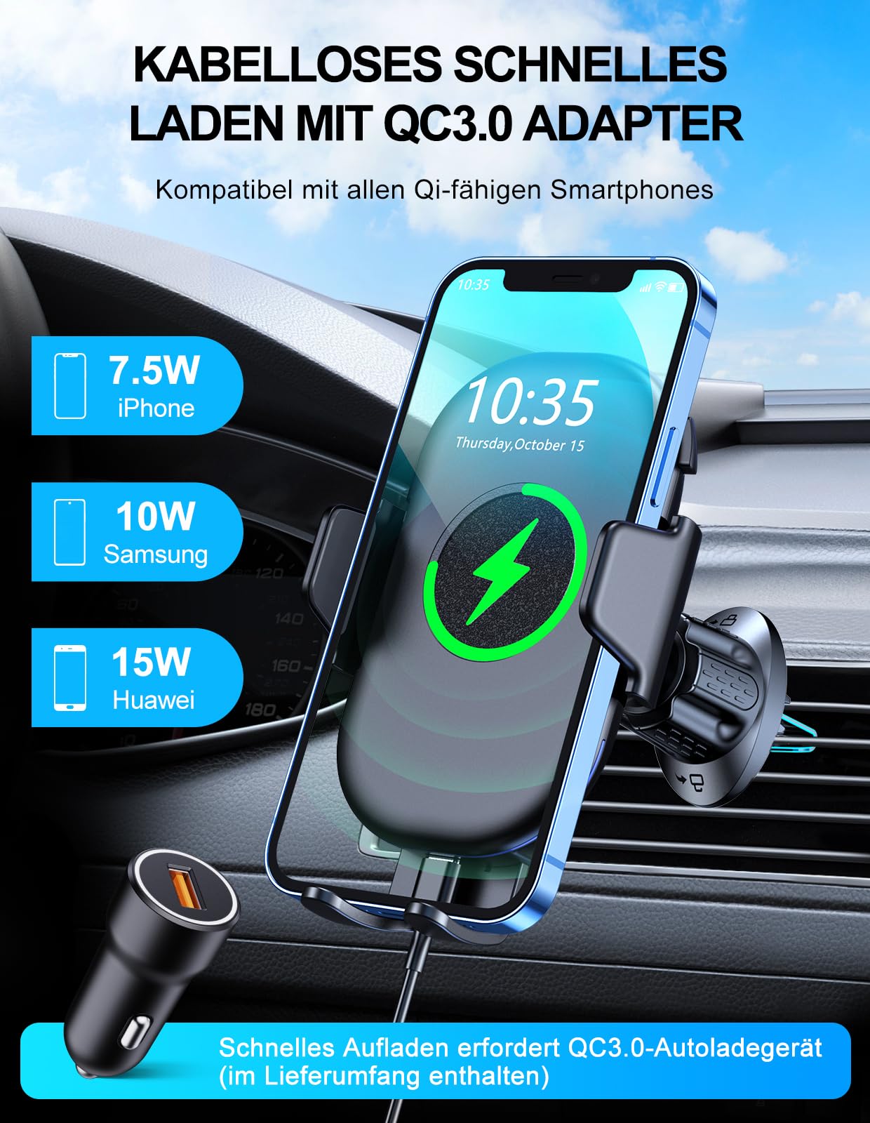 Mohard Handyhalterung Auto Mit Ladefunktion, Max 15W Fast Qi Wireless Charger, 360° Drehung & Rutschen und Fallen Nie Kfz Induktive Ladestation für 5,4"-7" Telefon (QC3.0 Autoladegerät Inklusive)
