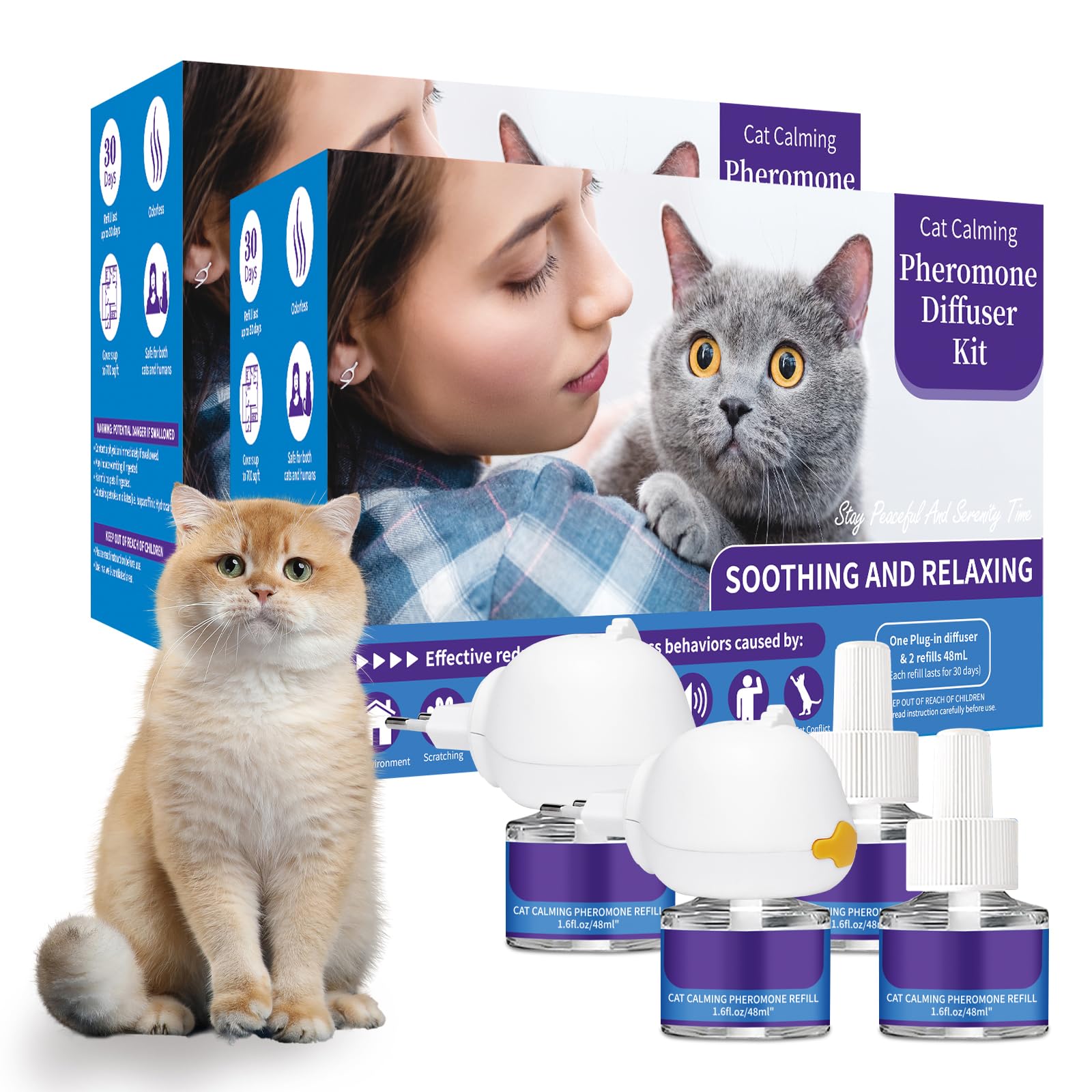 VICSOM Diffuseur Pheromones Chat 6 en 1, 120 Jours Diffuseur Chat Anti Stress, Phéromones pour Chat pour Relaxation, Réduisent l'Anxiété, Diffuseur Feromone pour Chat(1 Diffuseur + 4x48ml Recharges)