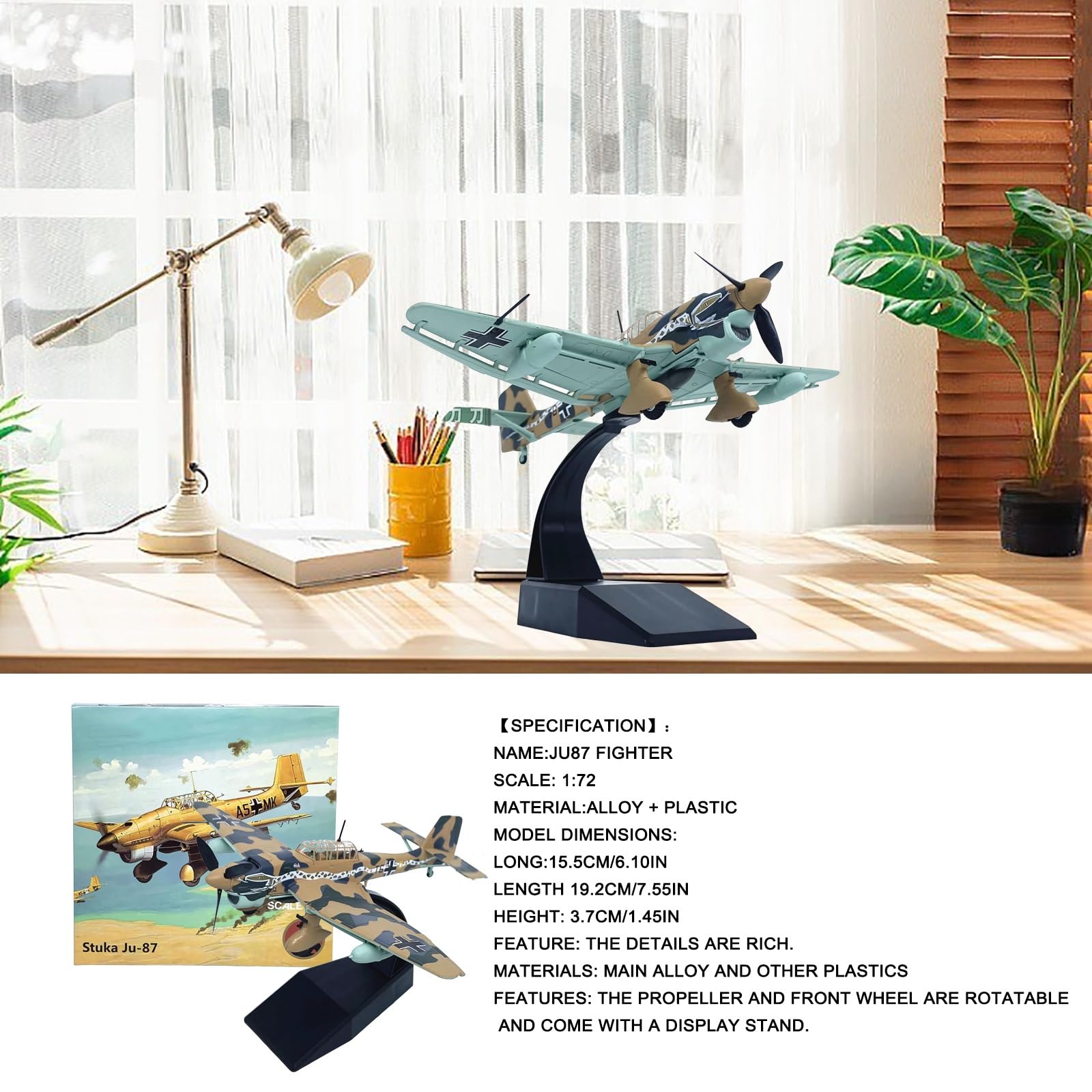 Modello aereo combattimento lega metallo pressofuso JU87 scala 1:72, pronto for essere esposto con ruote dell'elica rotanti, regalo da collezione con supporto for appassionati