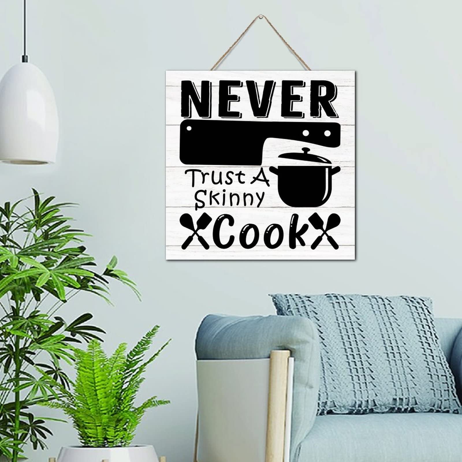 Plaque en bois rétro Never Trust A Skinny Cook déco murale de chambre