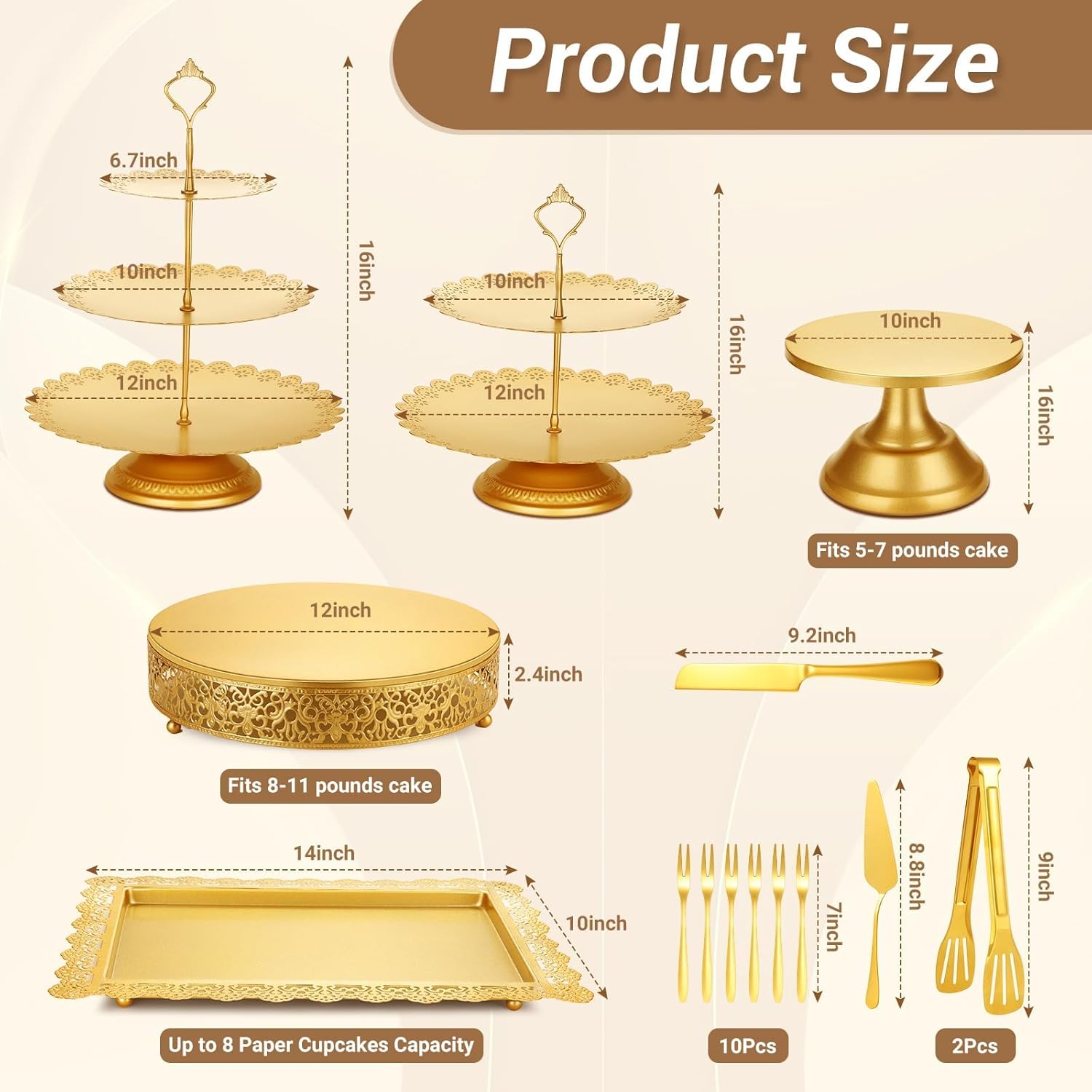 Cupcake Stand Set, Dessert Table Display Set Gold Metal Cake Stands with Tiered Tray Stands Cake Platter Cake Knife and Server Set for Party, Candy Table Display Set for Wedding Birthday Baby Shower