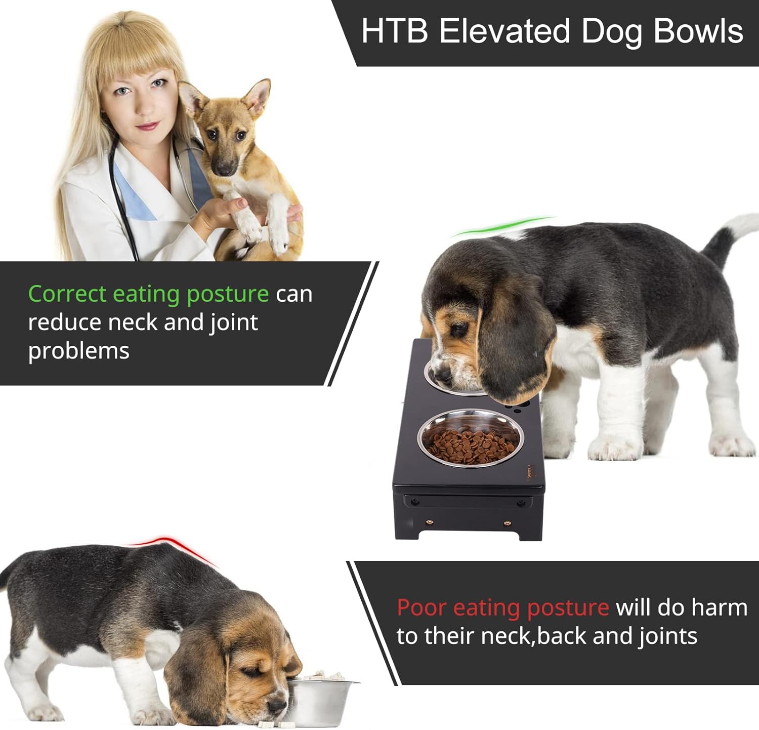 HTB Elevated Dog Bowls, Raised Dog Bowl Stand with 2 Stainless Steel Bowls, Elevated Raised Dog Bowls for Large Medium Small Sized Dogs- Black Small
