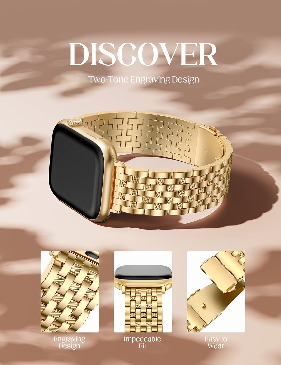 W-RARA Dual-Tone Metal Dressy Band Compatible with Apple Watch Band 38/40/41/42/44/45/46/49mm Women Men, Stainless Steel Seven-link Luxury Engraved Strap for iWatch SE Series 11/10 9 8 7 6 5 4 3 2 1 - Image 4