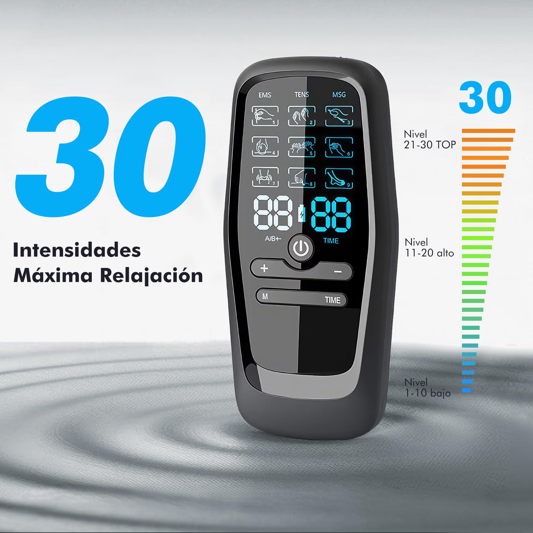 Electroestimulador Muscular, 3 en 1 TENS/EMS/Massage Electroestimulador | Estimulador Muscular Electrico, 27 Modos y 30 Intensidades, 2 Canales, 8 Electrodos
