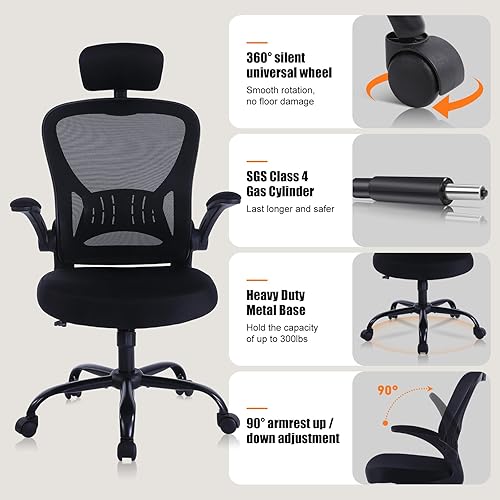 Miniatura 6 de Paquete de 2 sillas de oficina ergonómicas de escritorio, altura ajustable con ruedas, soporte lumbar de malla giratoria para computadora, silla de