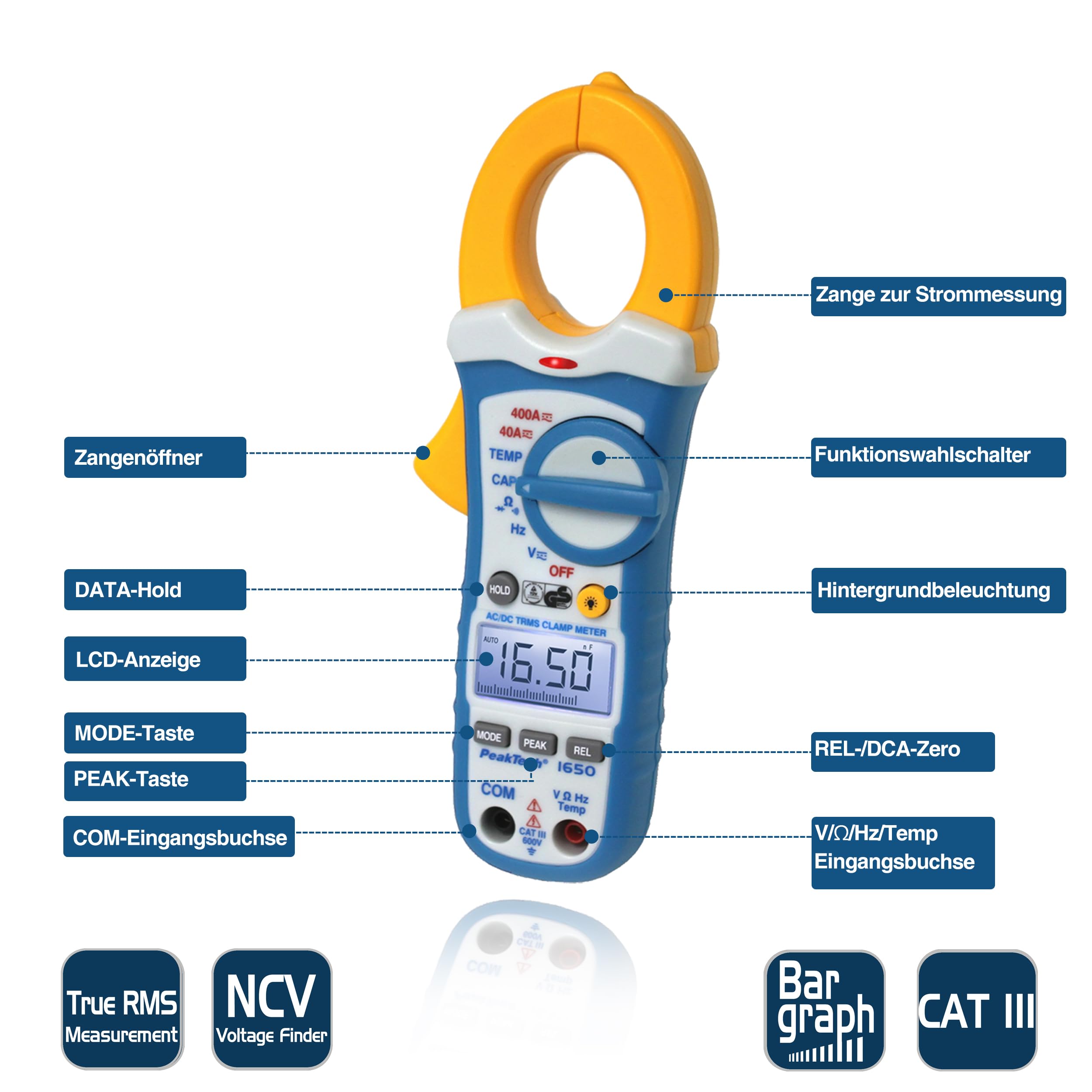 PeakTech P 1650 – True RMS Stromzange 400A AC/DC, Digital Multimeter, Zangenmessgerät, TÜV/GS, Strommesszange, 4000 Counts, Berührungsloser Spannungsmesser, Strommessgerät, Durchgangsprüfer Max. 600V