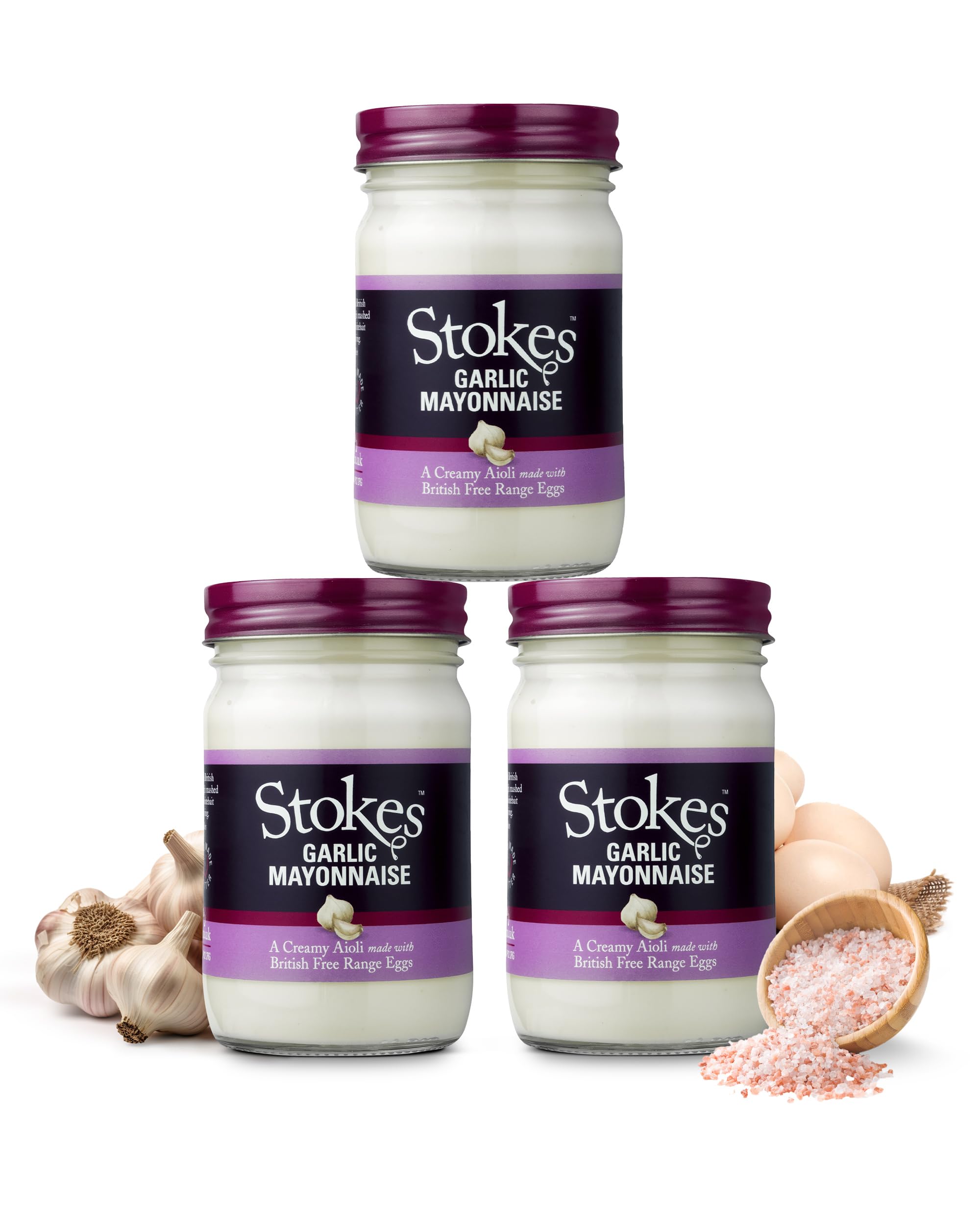 Stokes Garlic Mayonnaise 3PK, Rich & Creamy Garlic Mayo, Perfect With Chips Or Mash, Delicious Aioli, Smooth & Silky Garlic Mayonnaise Made With British Free Range Eggs, Perfectly Textured, 345g Jar