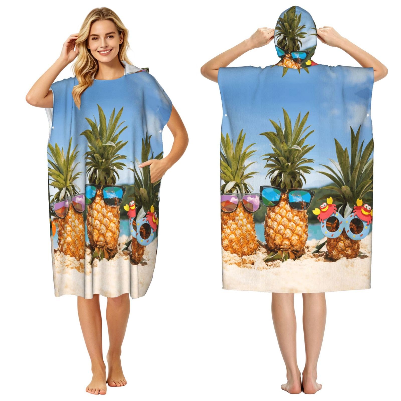 Poncho serviette adulte imprimé ananas avec capuche pour la plage et la piscine
