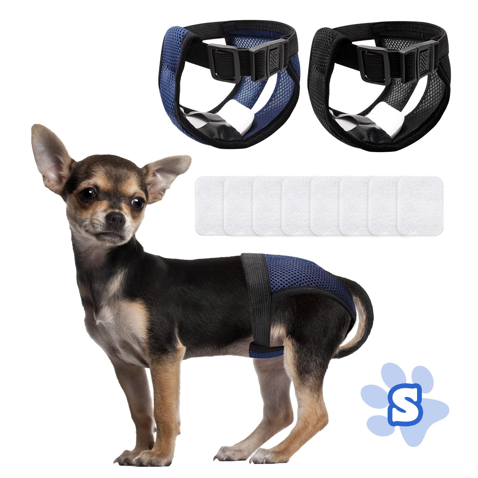Pack of 2 Dog Nappies, Reusable Heat Pants for Female Dogs, Dog Nappies for Female Dogs, with 8 Sanitary Pads, Adjustable Protective Trousers for Washable Protective Trousers, Black and Blue, S