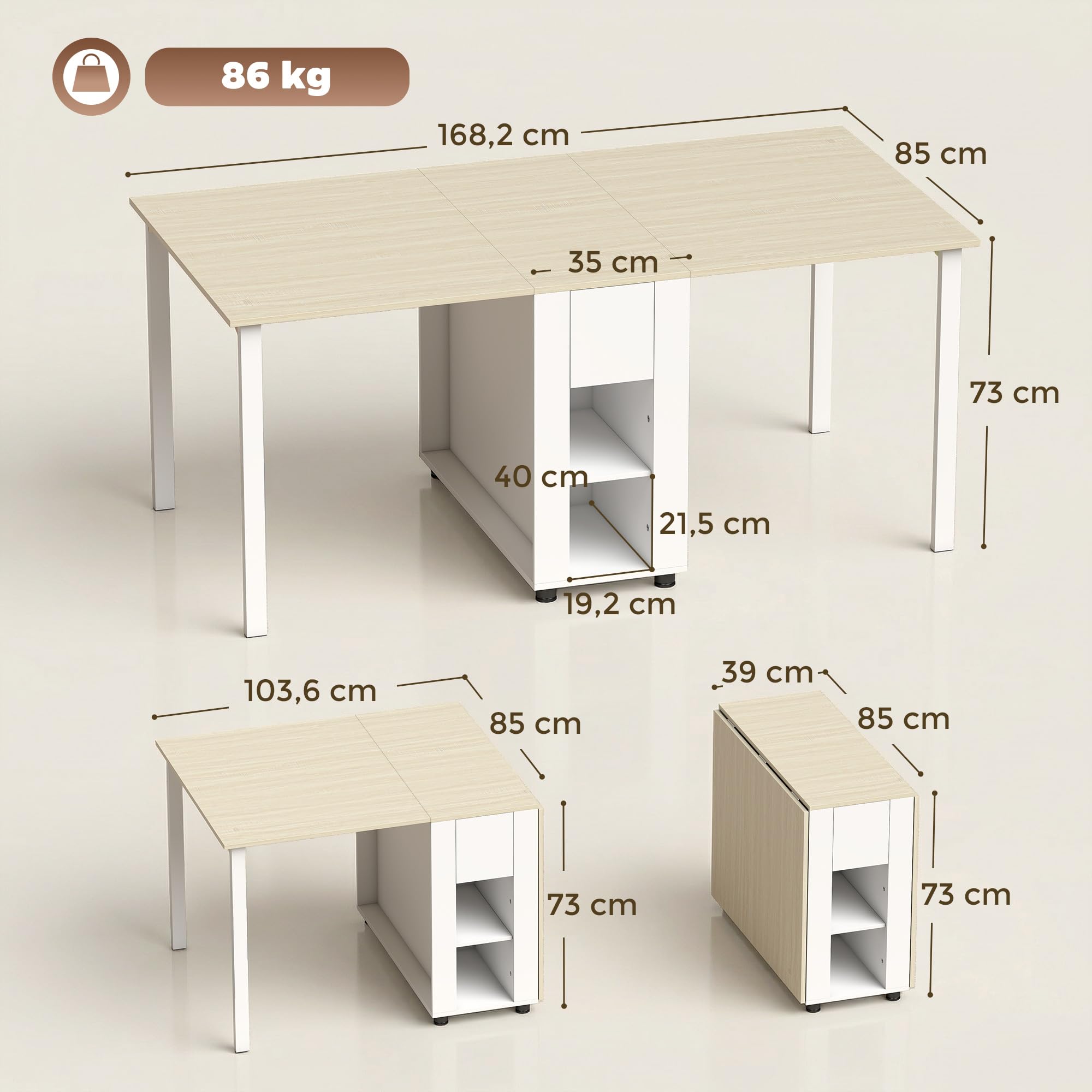 HOMCOM Table à Manger Pliante pour 6 Personnes 39-168 cm 2 Tiroirs Blanc | Table de Cuisine Rectangulaire, 2 Abattants, 4 Étagères Ouvertes, Pieds en Bois de Pin, Petit Espace, Salle à Manger