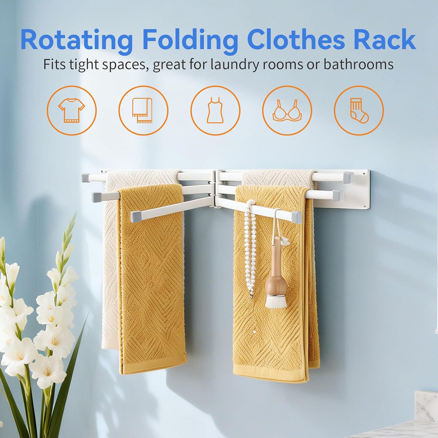 Wall Mounted Clothes Drying Rack, Foldable Space-Saving Hidden Laundry Rack with Stainless Steel Rods, Swivel Towel Rack for Laundry Balcony Bathroom Indoor Outdoor (White)