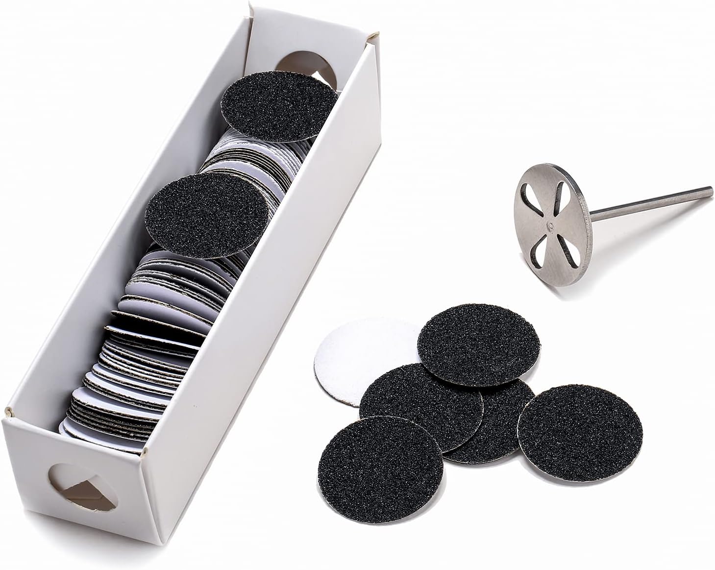 100pcs Sandpaper Disc and 1pcs Metal Bit, 3/32 Shank Replaceable Pedicure Sanding Disc Bit for Dead Skin Callus Removal Electric Foot File Tools (150#(Medium))