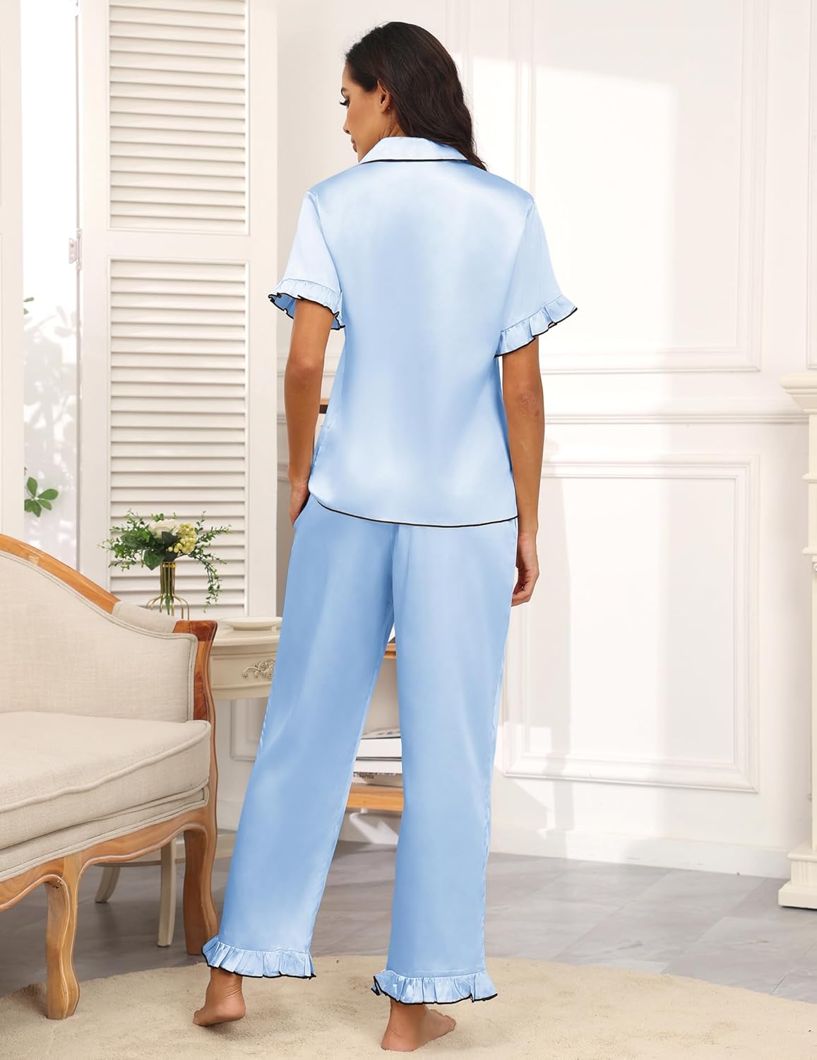 Ekouaer Silk Pajamas for Women Satin Short Sleeve Pajamas Set with Ruffle 2 Pieces Button Down Tops and Pants - Image 3