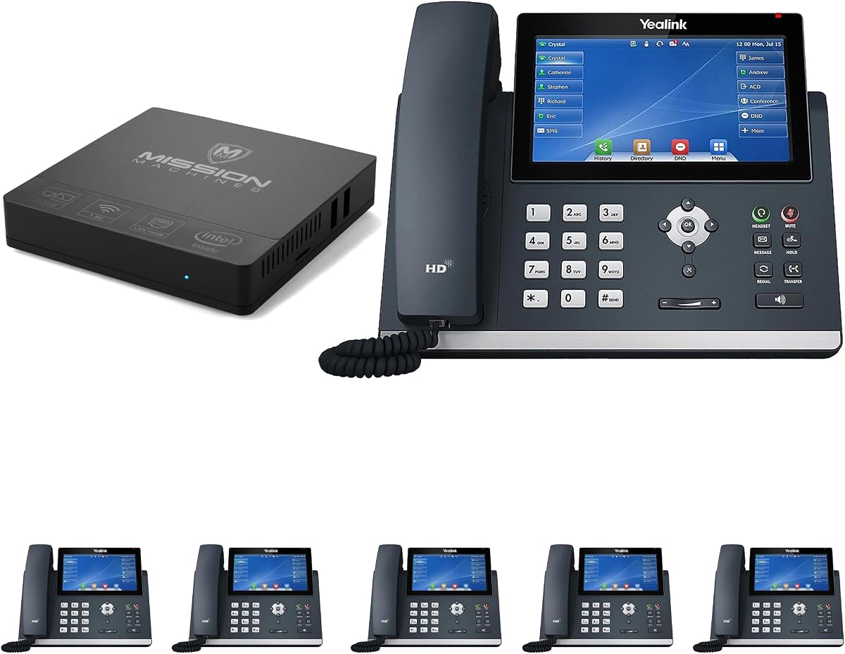 Sistema telefónico empresarial 'Mission Machines' Y400: incluye teléfonos Yealink T48U + servidor 'Mission Machines' + 3 meses gratis de servicio telefónico 'Mission Machines' (paquete de 6 teléfonos)