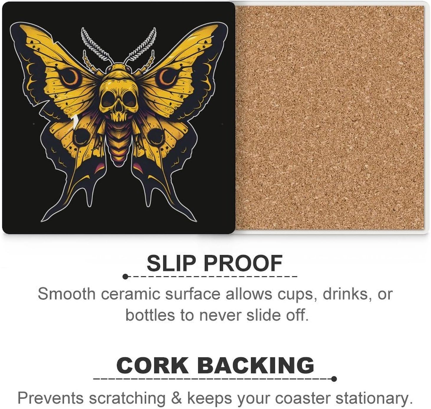 Death's Head Moth Coaster for Drinks Square Ceramic Table Coasters Stone Mat Crafts 4PCS Home Kitchen Decor