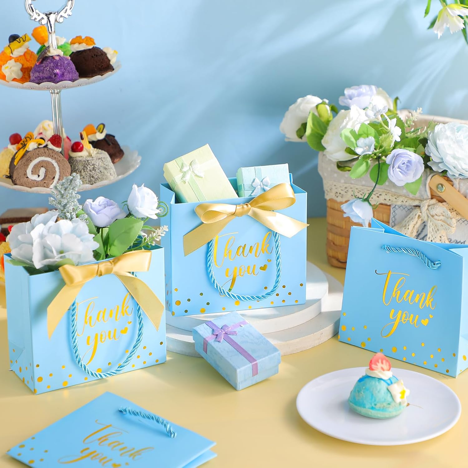 Jetec 45 Pcs Mini Paper Gift Bag Bulk 5.5 x 4.7 x 2.5'' Small Thank You Favor Bag with Handle Bow Ribbon for Valentine Wedding Baby Bridal Shower Birthday Anniversary Party(Sky Blue/gold) - Image 2