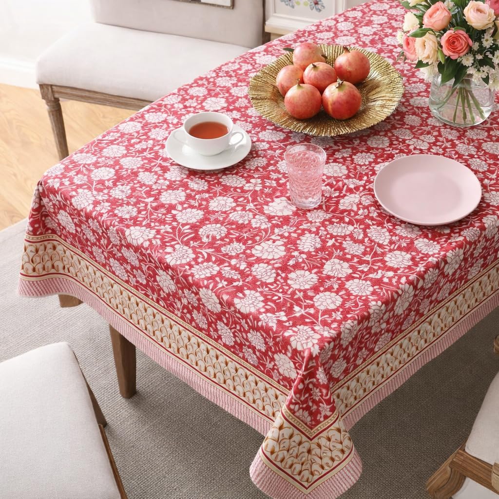 elanorhomes 100% Cotton Dining Table Cover 6 Seater (60x90 Inch) Hand Block Printed Jaipuri Rectangular Tablecloth Washable for 4 & 6 Seater Ethnic Floral Home Décor (Gulnaar)-image-36