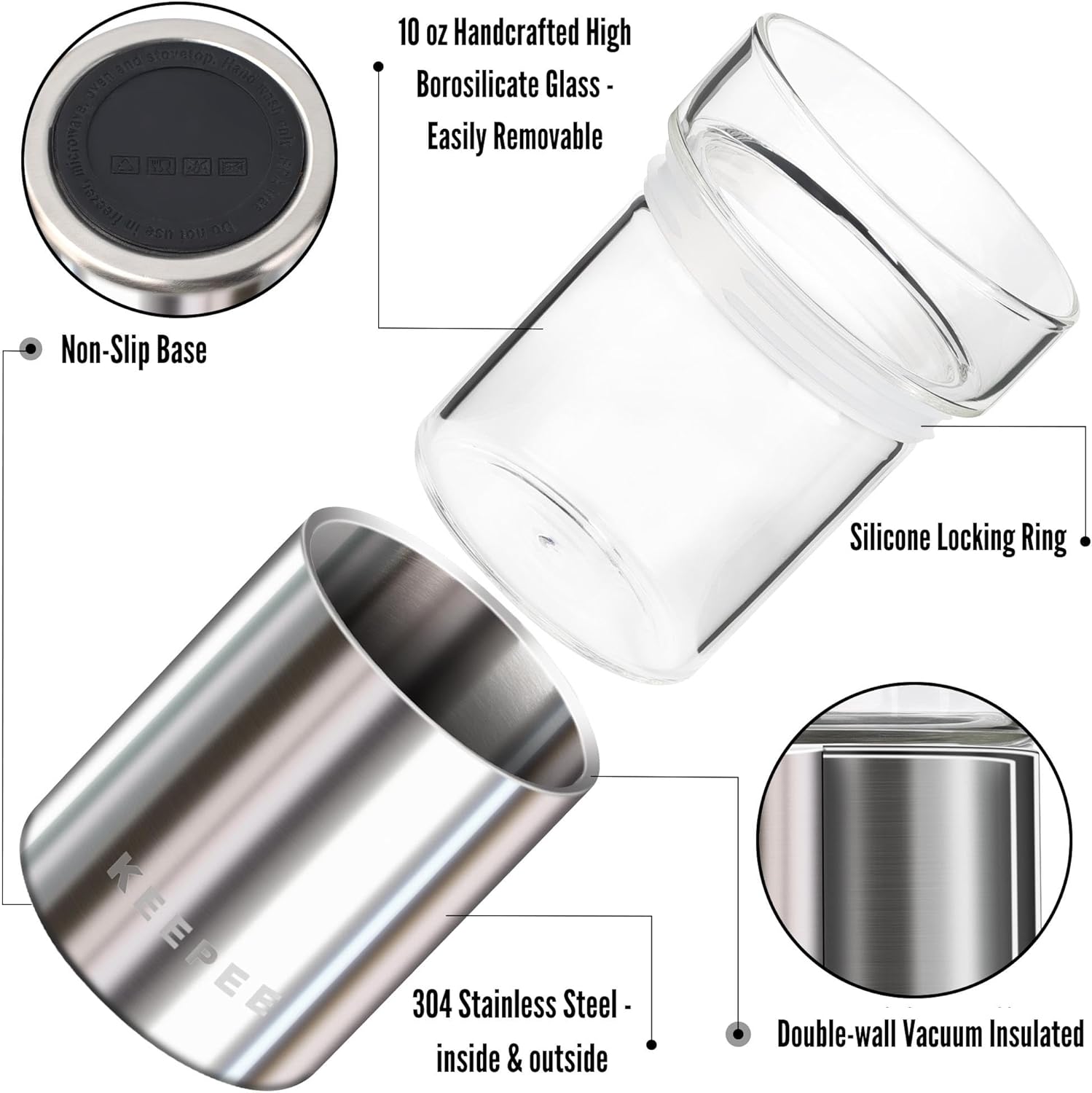 Whiskey Glasses Set of 2, Insulated Tumbler with Removable Glass Insert, Insulated Cocktail Glass, Old Fashioned Lowball for Margaritas, Bourbon, Whiskey, 10oz, Stainless Steel - Image 3