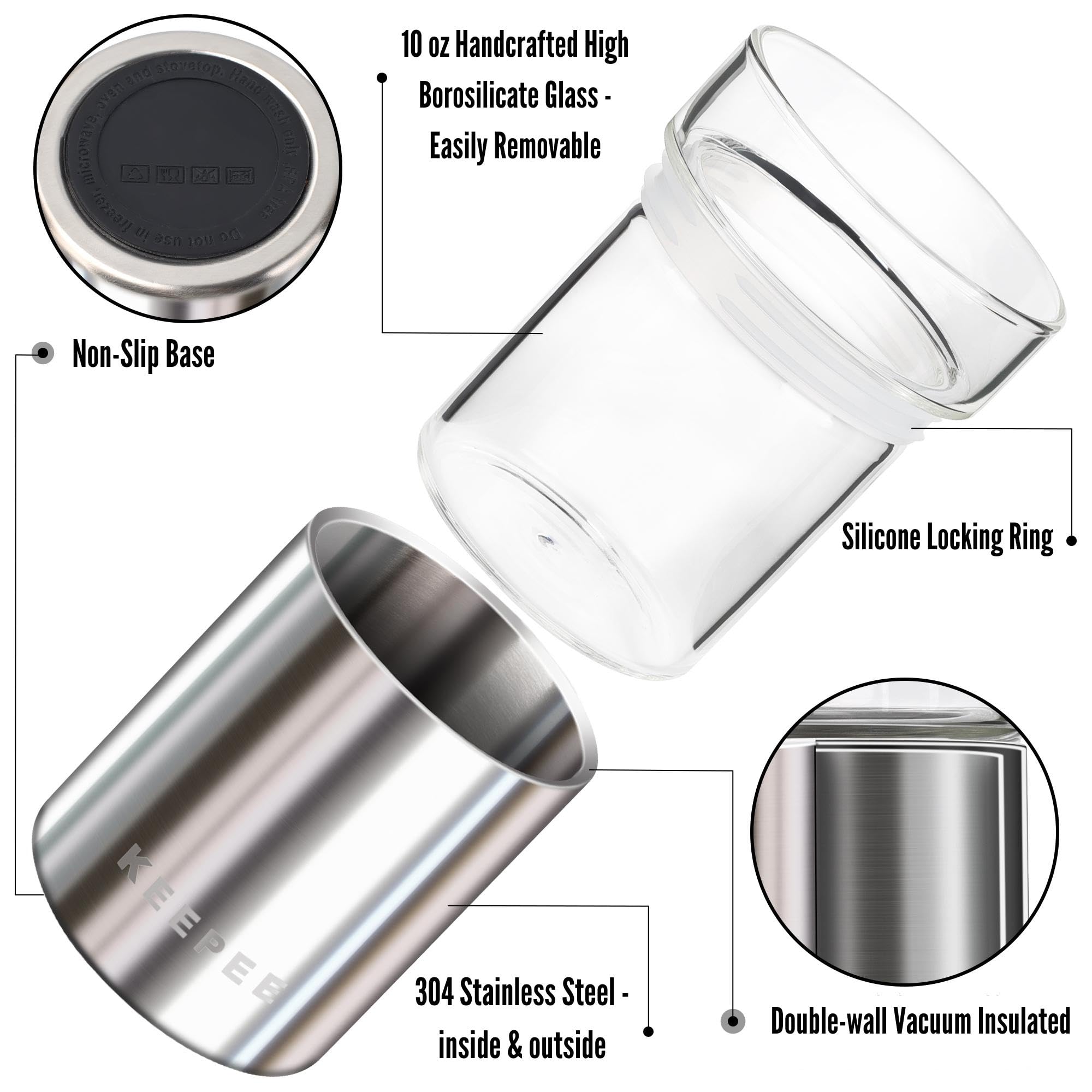 Vaso de whisky con base de acero inoxidable aislada al vacío, juego de 2, vaso aislado con inserto de vidrio extraíble, vaso de bola baja estilo antiguo para margaritas, bourbon de 10 onzas
