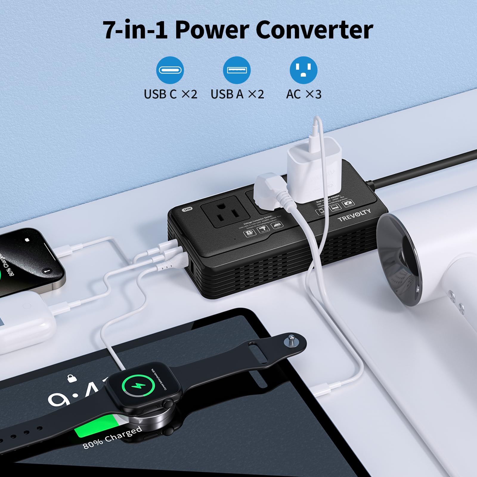 Convertidor de voltaje de 220 a 110 Estados Unidos a Europa para secador de pelo y hervidor – Adaptador convertidor de corriente 7 en 1 combinado con 3 salidas de CA + 4 puertos USB y enchufes EU/UK