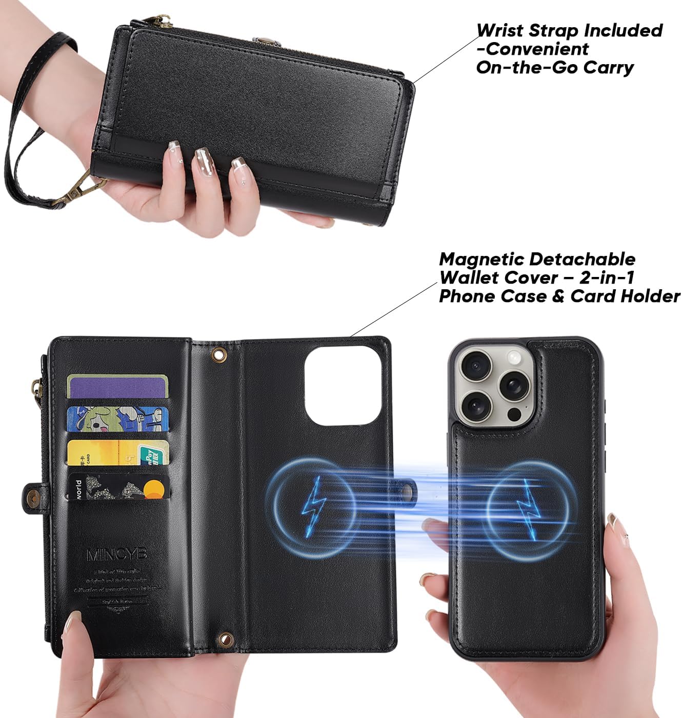 MInCYB for iPhone 16 Pro Wallet Case – Detachable Magnetic Wallet with RFID Blocking, PU Leather Zipper & Strap for Women Men - Image 5