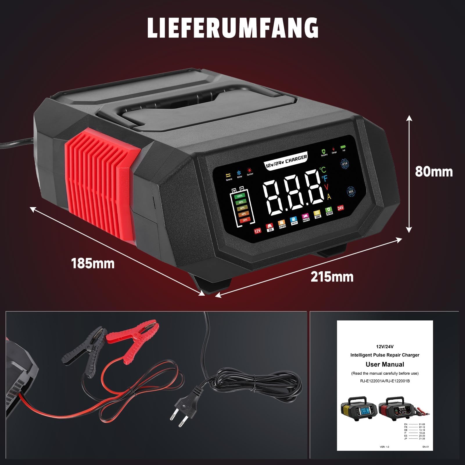 Autobatterie Ladegerät 12V/24V, HAUSPROFI 20A Intelligentes Batterieladegerät KFZ mit Einstellbarem Strom, 9-Stufige Ladung & Reparaturmodus für Auto, Motorrad, LKW, Blei-Säure, AGM, Lithium LiFePO4