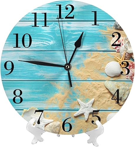 Miniatura 8 de Reloj de pared con fondo de tablero de madera de conchas marinas, funciona con pilas, silencioso tema oceánico, decoración de pared para el hogar,