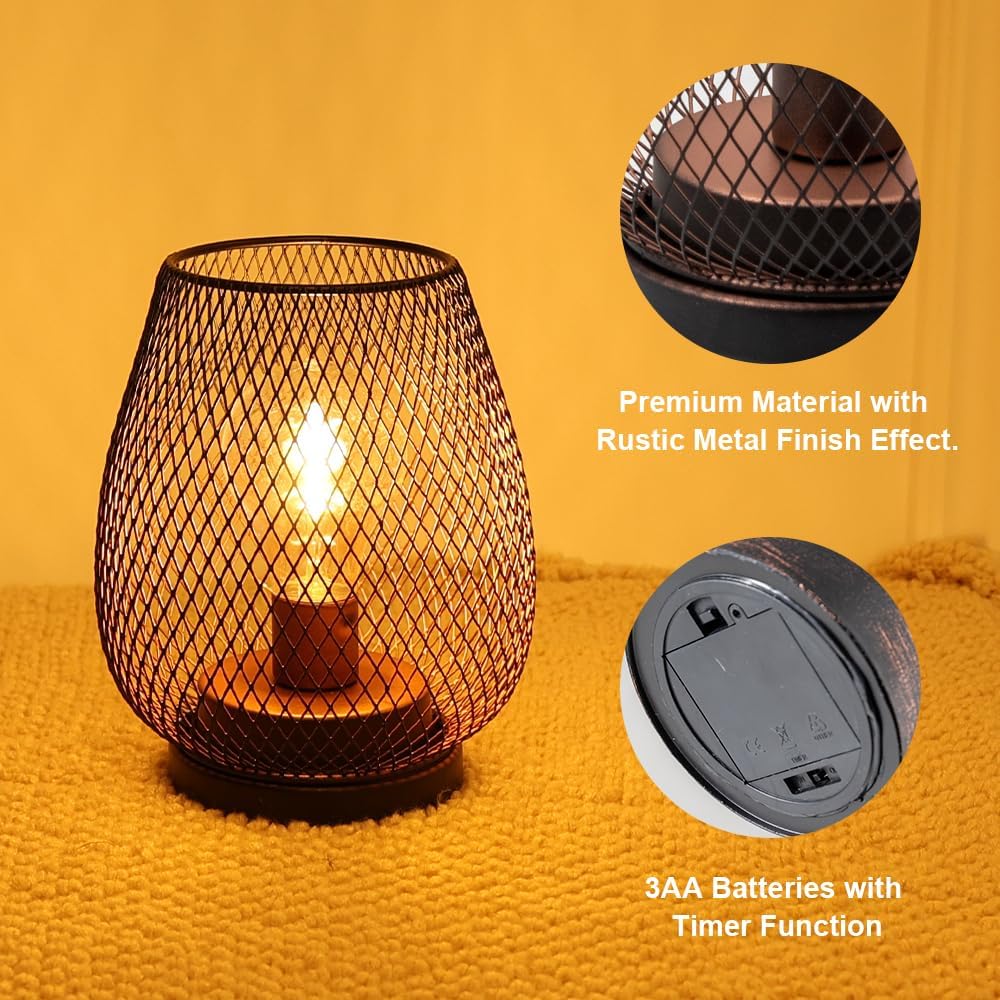 NEEDOMO Battery Operated Lamp Table Powered Lantern, Set of 4 Metal Cage Cordless Lamps with LED Bulb, Vintage Decorative Outdoor Lantern for Weddings, Parties, Patio, Events for Indoor Shelf Decor