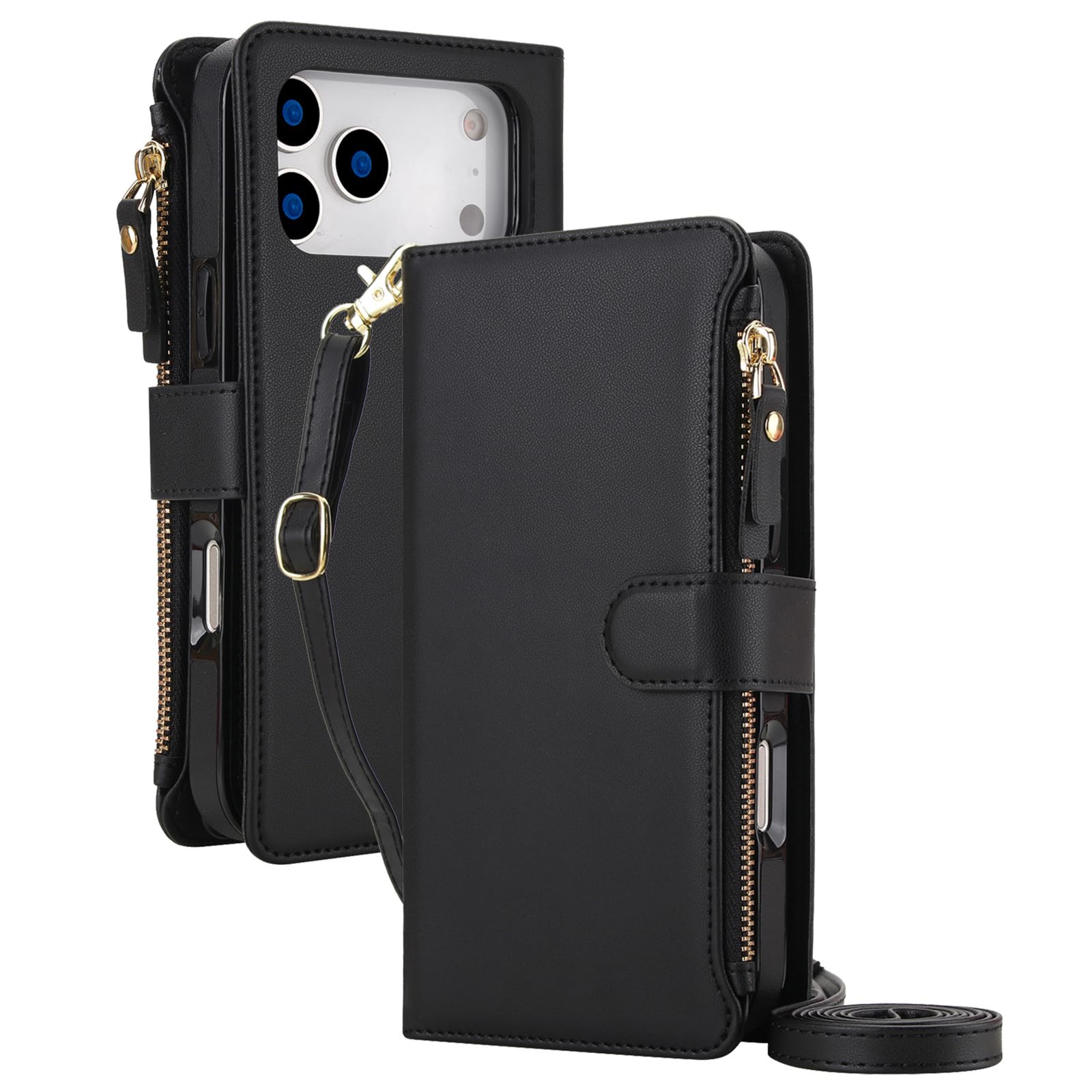 Mfaoshi Black Magnetic Case For Iphone 17 Pro Max/17 Pro/17 Air/17, Detachable High-Capacity Zipper Wallet Cover With Kickstand Function Leather Case,,17 Promax